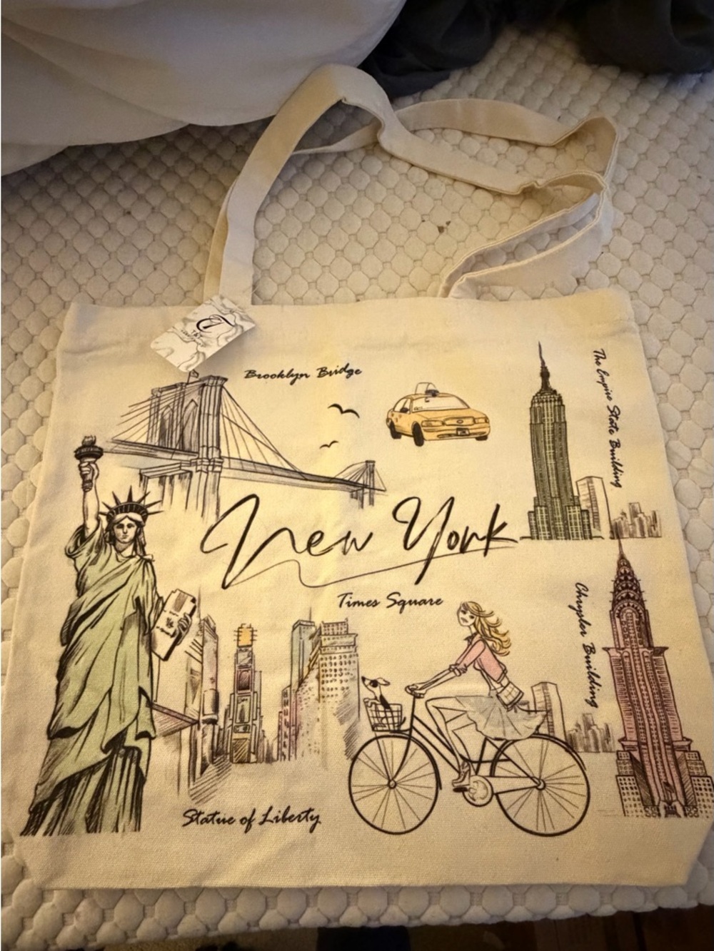 New York Illustrated Canvas Tote Bag - Cream with Black & Yellow Accents